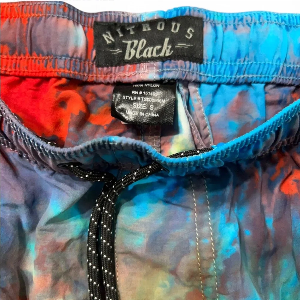 NITROUS BLACK Red and Blue Swim Trunks Vibrant Tie-Dye Design S